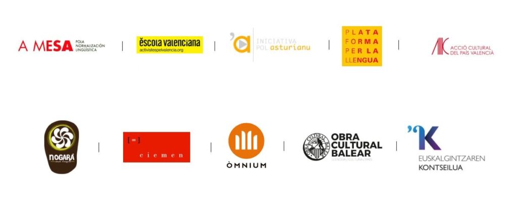 A MESA · ESCOLA VALENCIANA · INICIATIVA POR ASTURIANU · PLATAFORMA PER LA LLENGUA · ACCIO CULTURAL DEL PAIS VASLENCIA · NOGARA · CIEMEN · OMNIUM · OBRA CULTURAL BALEAR · EUSKALGINTZAREN KONTSEILUA